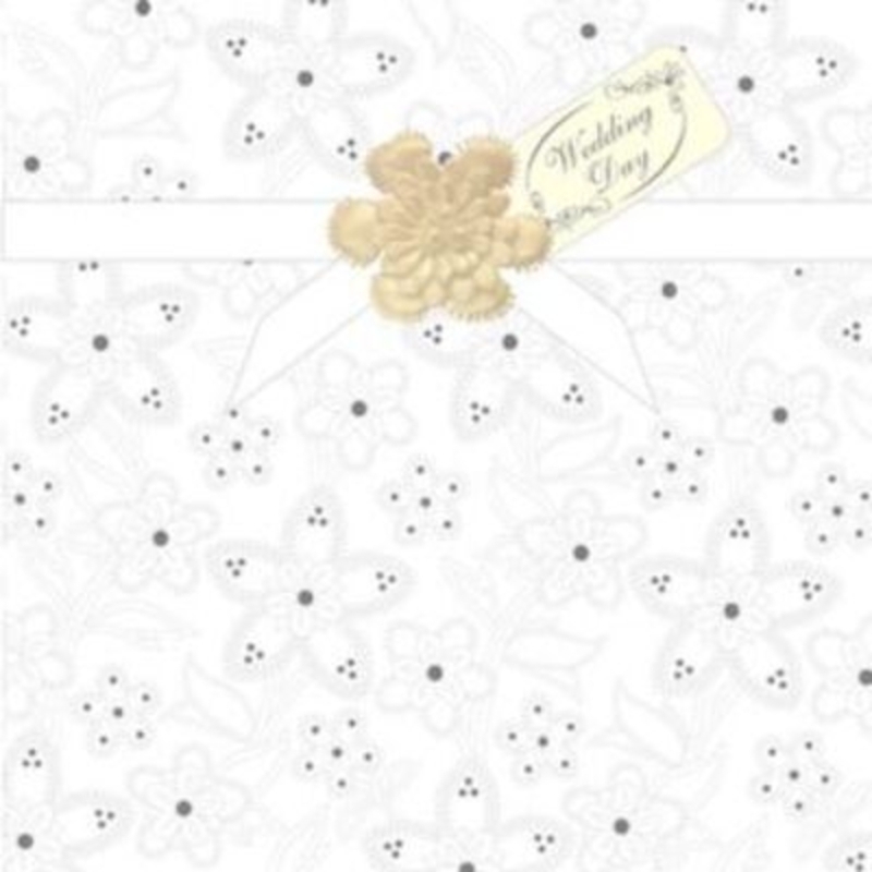 Embossed White Floral Wedding Day Card by Paper Rose. Embossed floral design with silver dots on flowers and a satin ribbon across top with decoupage flower with pearl centre and Wedding Day tag. 'Wedding Day' on the front of card. 'With love on your s